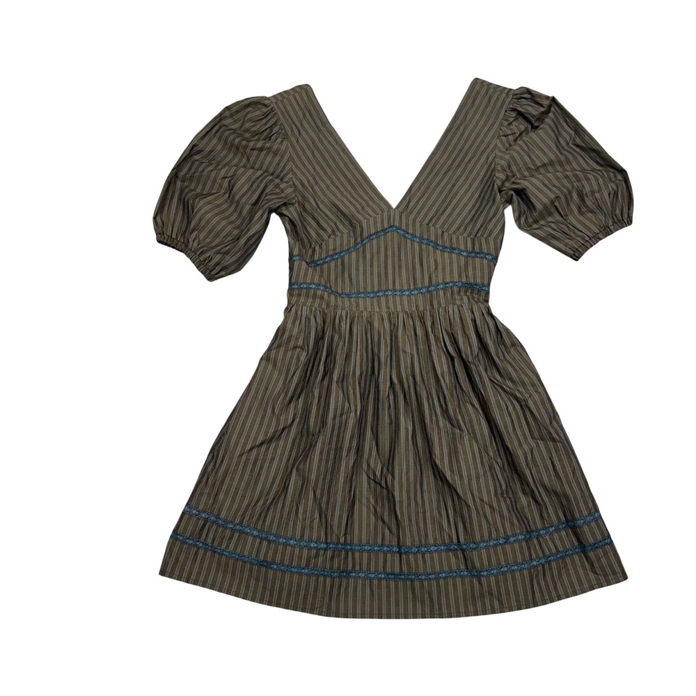 Jacquie The Label Brown Blue Striped Puff Sleeve V-Neck Mini Dress Small Smocked